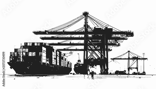 Large Cargo Ship And Crane Machines.