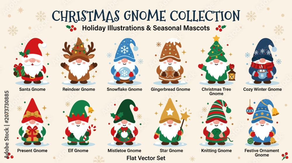 Fototapeta premium A festive Christmas gnome collection featuring holiday illustrations and seasonal mascots in a joyful winter setting with trees and snow.
