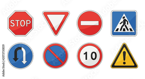 Collection Of Common Road Traffic Signs Vector Illustration.