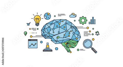 Colorful Brain Illustration With Global Technology Concepts.