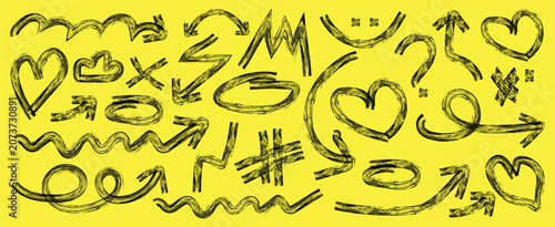 Set of hand drawn elements with brush, marker, texture. Bold brush star, arrow, skull and crown. Graffiti bold brush drawn figures for collages, grunge street art design, rock and roll aesthetic.