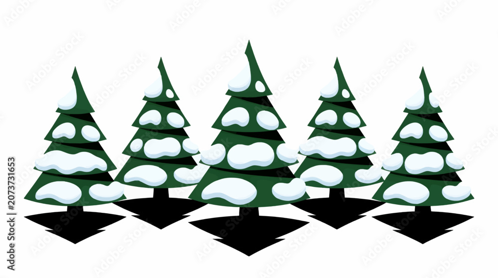 Obraz premium Five Stylized Pine Trees Covered in Snow, Flat Graphic Illustration Style, Winter Forest Scene with Black Shadows and White Background, Festive Holiday Element