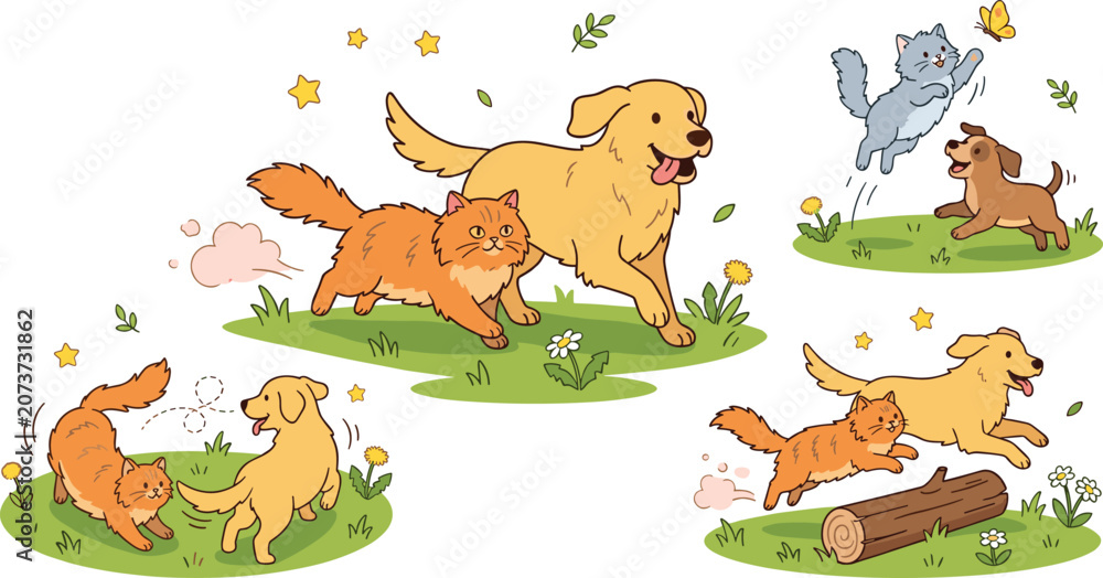 Obraz premium Playful Cute Cartoon Dogs and Cats Vector Illustration Collection Featuring Happy Puppies and Kittens Running Jumping and Playing Outdoors in Grassy Meadows