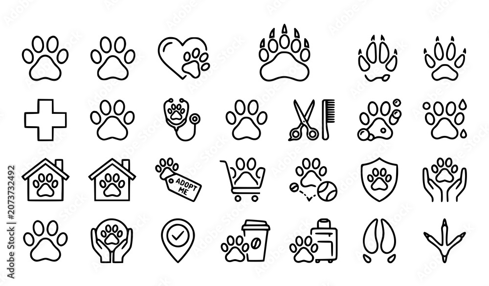 Fototapeta premium Animal Paw Print Icons Editable Stroke Thin Line Vector Pack