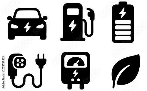 Set of 6 electric vehicle clean energy charging battery sustainability glyph icons for modern application interfaces