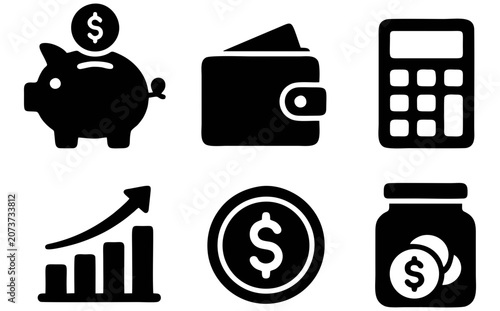 Set of 6 finance banking glyph icons with piggy bank wallet calculator money growth and investment for fintech interfaces