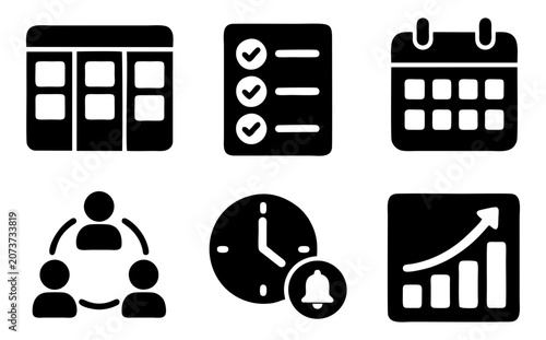Set of 6 business productivity glyph icons including dashboard checklist calendar teamwork clock and growth for office workflow interfaces