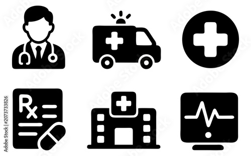 Set of 6 medical healthcare glyph icons featuring doctor ambulance hospital prescription cross and heart monitor for health applications