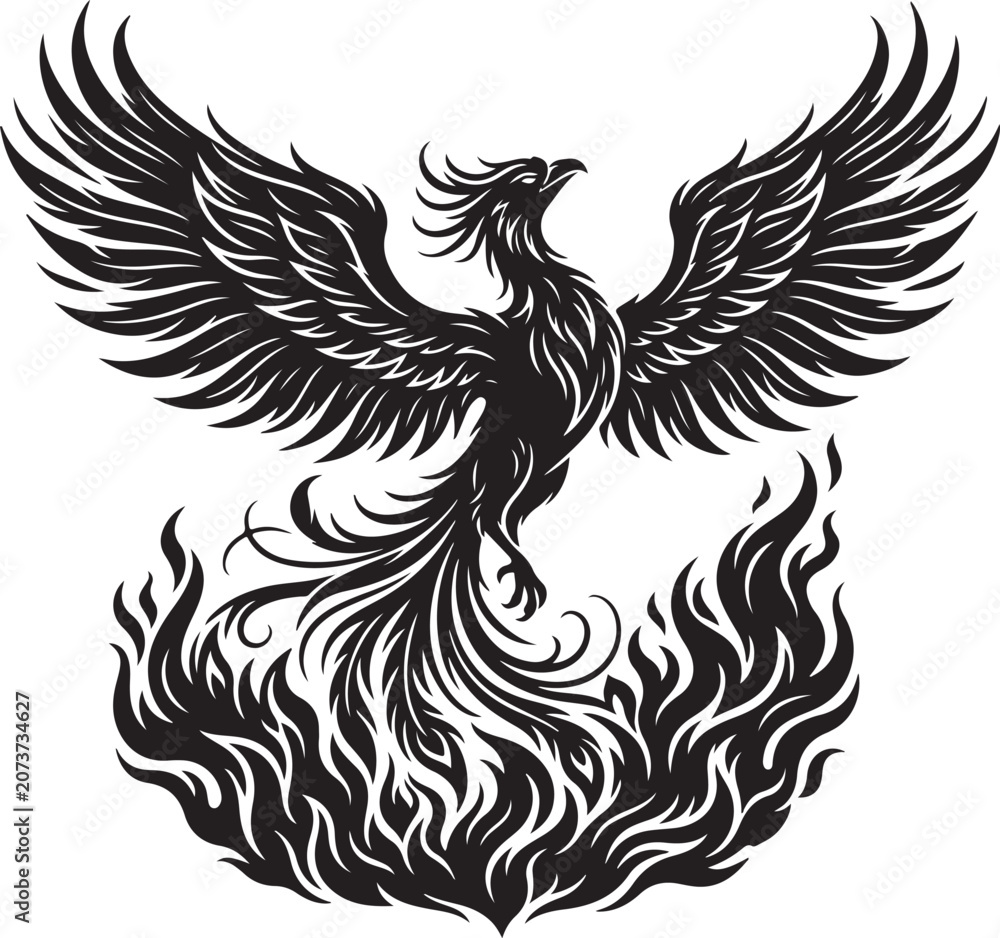 Fototapeta premium Phoenix bird, mythical creature, black vector icon, fiery illustration, tattoo design