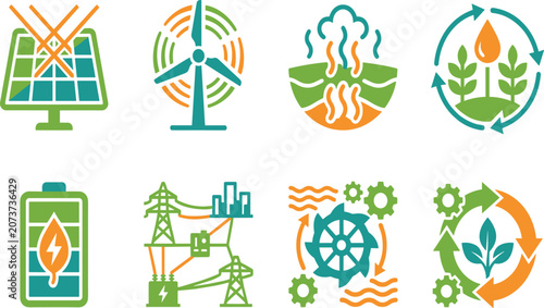 Foto Colorful renewable energy and ecology vector icon set featuring solar, wind, and