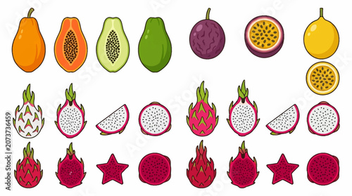Colorful exotic fruit icons.