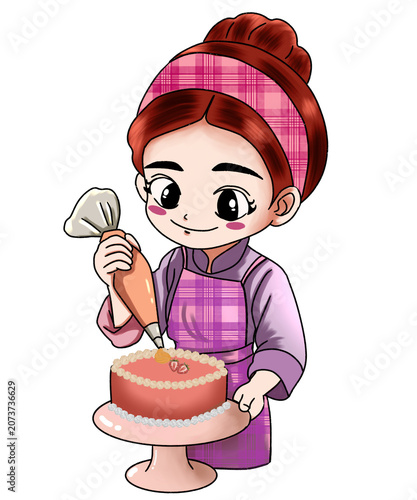 Chibi-style illustration of a female baker decorating a cake, suitable for a bakery logo.