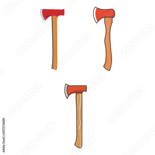 Set of Cartoon Woodcutting Axe Vector Illustration with Wooden Handle and Sharp Metal Blade Isolated on White Background