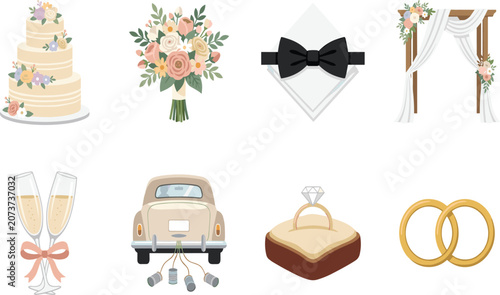 Cuadro en lienzo Elegant wedding and marriage vector illustration set with floral cake, rings, bo