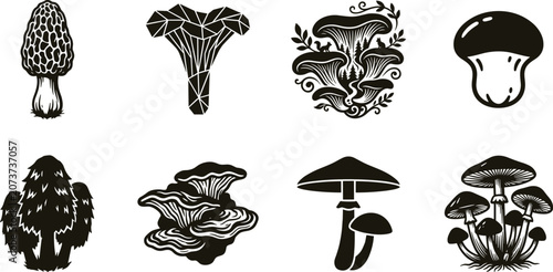 Foto Mushroom and edible fungi vector icon set featuring morel chanterelle oyster and