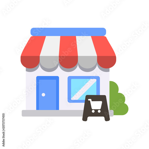 Colorful flat storefront icon with striped awning, entrance, display window and shopping sign. Modern retail shop illustration for ecommerce, local business and commercial concepts.