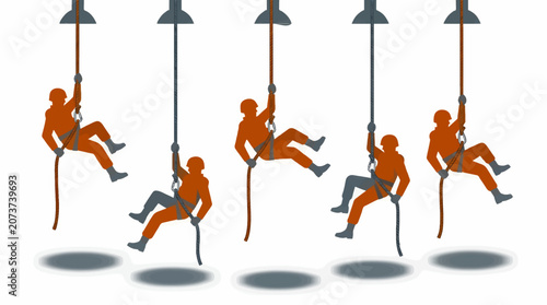 Fotografie Flat Graphic Style Vector Illustration of Five Soldier Silhouettes Rappelling Do