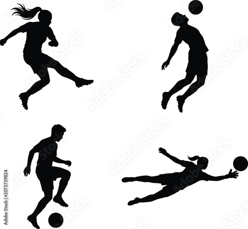 Soccer players black silhouettes collection featuring male and female athletes kicking dribbling heading and goalkeeper diving
