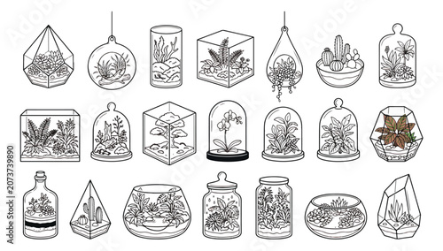 Fotografie Minimalist terrarium line art icons, 21 glass plant container vector illustratio