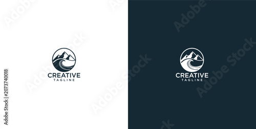 Minimalist Mountain and Ocean Wave Emblem Logo Design Concept for Adventure Travel and Nature Outdoor Branding