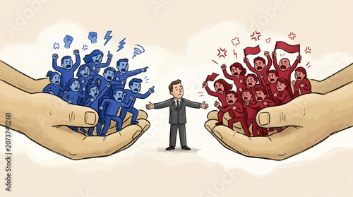 Obraz na płótnie Man in Suit Caught Between Angry Blue and Red Crowds Held in Hands, Political Di