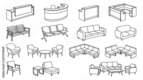 Photos Minimalist office furniture line art icons, reception desk and waiting area seat