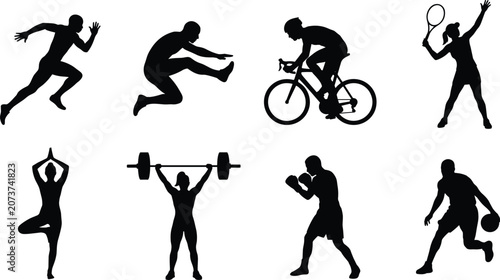 Bild auf Leinwand Set of Sport and Fitness Activity Silhouettes Featuring Various Athletic Discipl