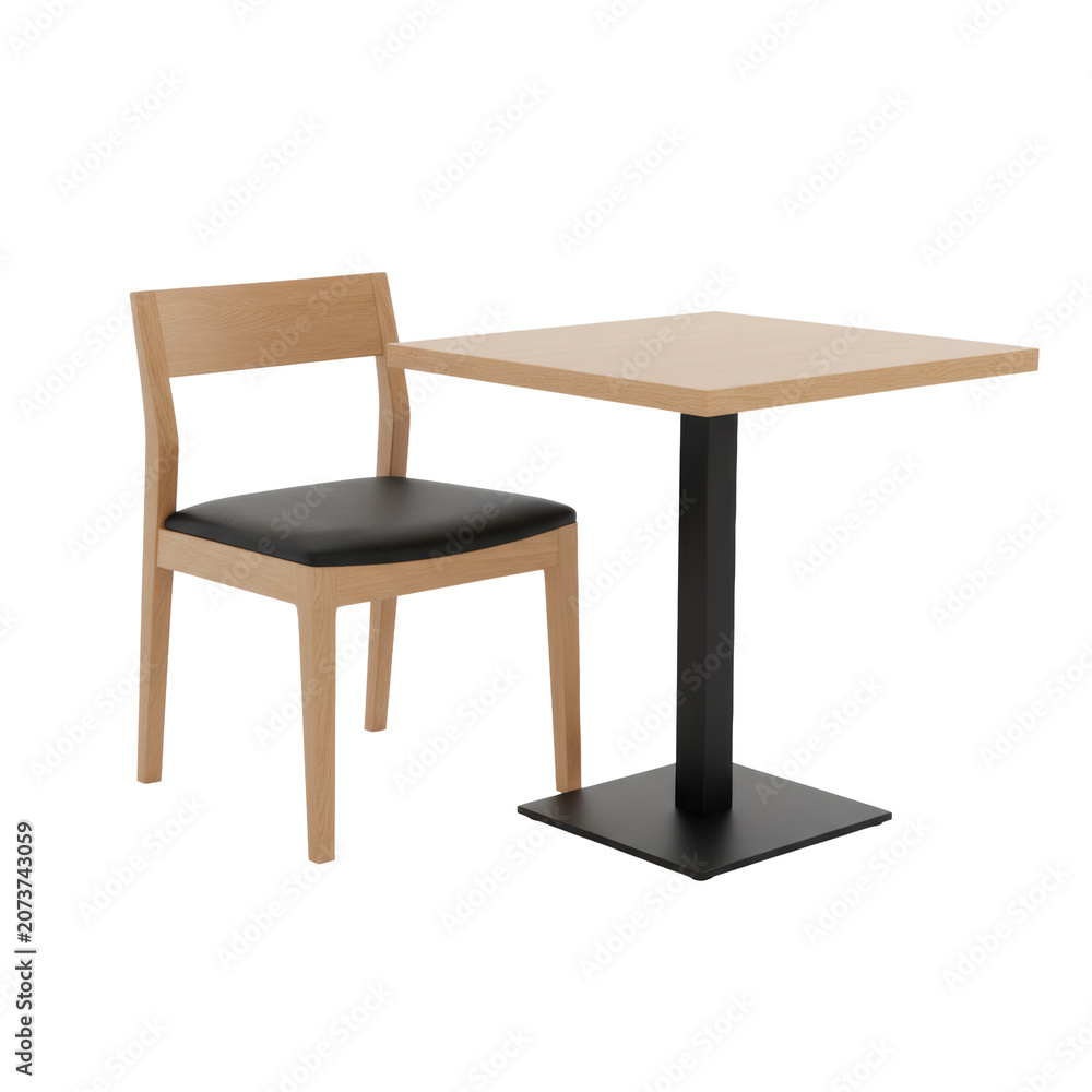 Fototapeta premium a hyperdetailed minimalist wooden dining chair with a matte black leather cushion and matching square table, isolated on a transparent background. High-end commercial visualization