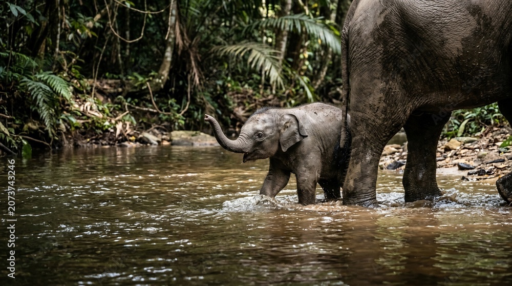 Fototapeta premium Baby elephant walking with mother through shallow river in lush tropical rainforest.
