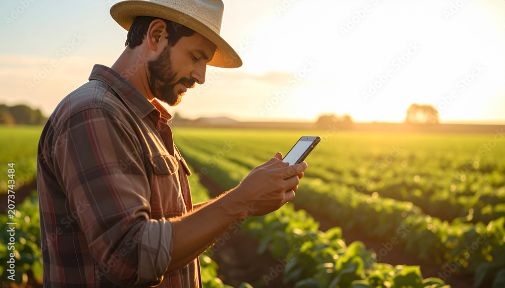 Fototapeta premium Farmer Using Smartphone in Agricultural Field at Sunset