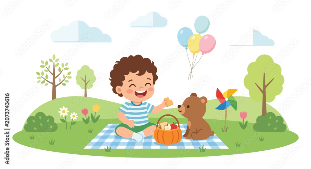 Fototapeta premium A joyful young boy with curly hair enjoys a sunny picnic in the park with his teddy bear, sitting on a checkered blanket with a basket of food.