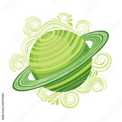 Green Saturn planet with decorative rings and swirls
