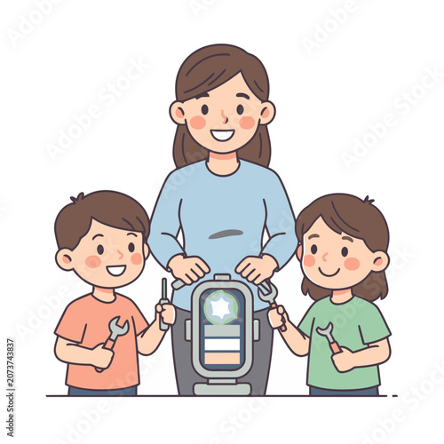 Happy family with robot and tools cartoon vector