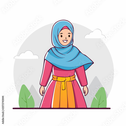 Happy Muslim Woman Wearing a Blue Hijab and Colorful Dress