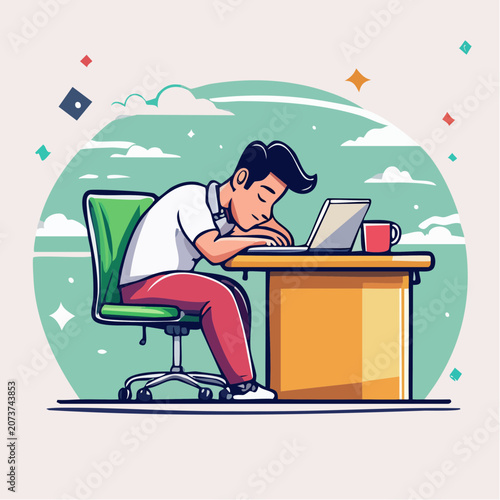 Man sleeping at desk with laptop and coffee