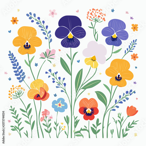Vibrant Floral Illustration with Pansies and Wildflowers