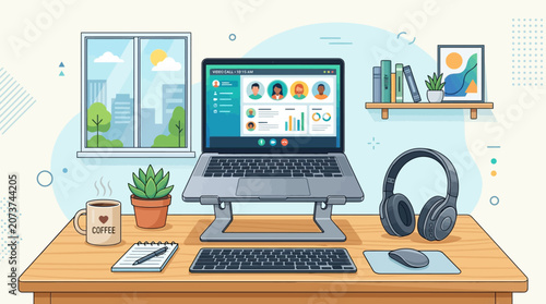 A person works on a computer with a keyboard, mouse, headphones, and mug on a desk in an office.