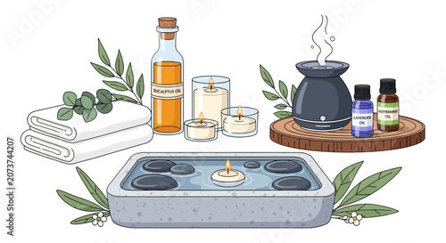 Relaxing spa setup with candles, oils, and towels on a wooden tray and table indoors