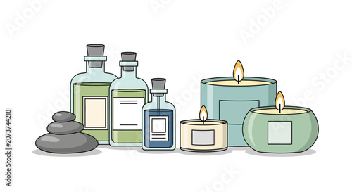A serene arrangement of candles and bottles on stones in a peaceful setting
