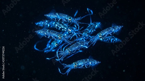 Bioluminescent squids swimming in deep dark ocean waters.