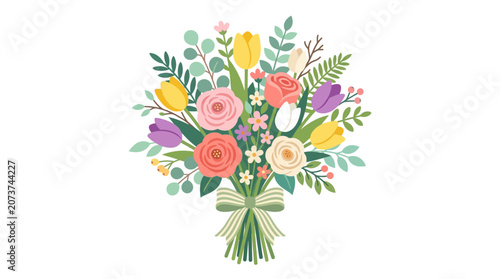 A colorful bouquet of flowers and leaves tied with a ribbon is displayed.