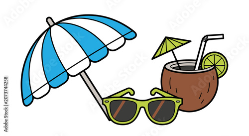 A cartoon illustration of sunglasses, a coconut drink with umbrella, and a beach umbrella on a sunny day.