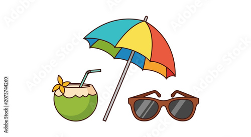 A colorful beach scene with umbrella, sunglasses, and coconut drink on the shore.