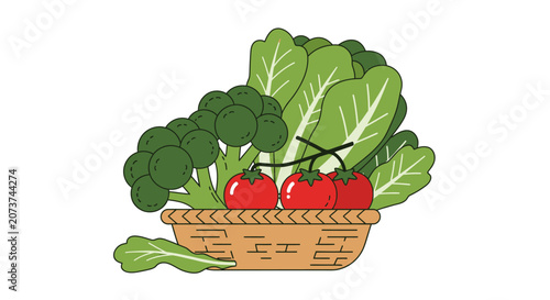 Fresh vegetables and tomatoes in a woven basket on a clean surface