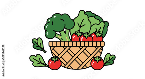 Fresh produce including broccoli and tomatoes in a wicker basket on a table indoors