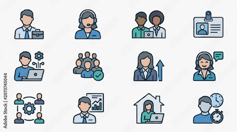 Fototapeta premium Sleek Flat Icons Set Showcasing Professional Business Roles and Services with Minimalist Design in Blue Gray and Green