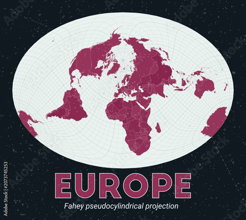 Europe. World map. Fahey pseudocylindrical projection centered to Europe. Pale Mint Dark Pink palette. Vintage texture. Classy vector illustration.