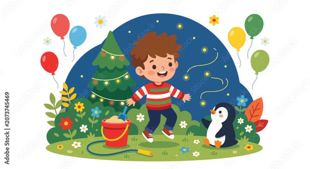 Fototapeta premium A joyful young boy jumps in a festive night garden alongside a friendly penguin, surrounded by balloons, flowers, and a decorated tree.