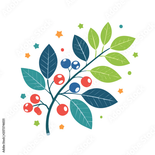 Flat illustration of berry branch with leaves and stars