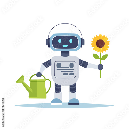 Friendly robot holding sunflower and watering can